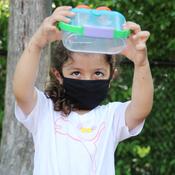 kinder child examines a container with bugs