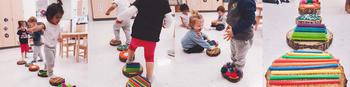 collage of toddlers trying a sensory walk