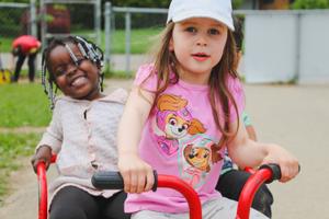 two kinder girls on a bike