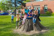 school age children sitting on a big tree stump together and smiling